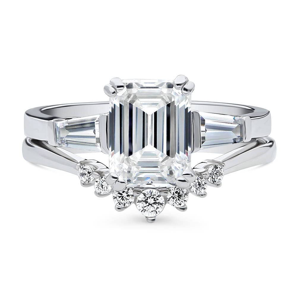 BERRICLE Sterling Silver 3-Stone Wedding Engagement Rings Emerald Cut Cubic Zirconia CZ 7-Stone Ring Set for Women, Rhodium Plated Size 6.5