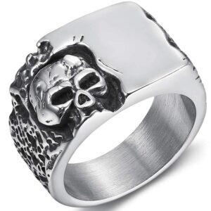 jude jewelers antique retro vintage style stainless steel gothic skull signet halloween party biker ring (silver, 9)