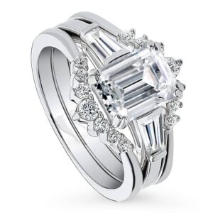 BERRICLE Sterling Silver 3-Stone Wedding Engagement Rings Emerald Cut Cubic Zirconia CZ 7-Stone Ring Set for Women, Rhodium Plated Size 7