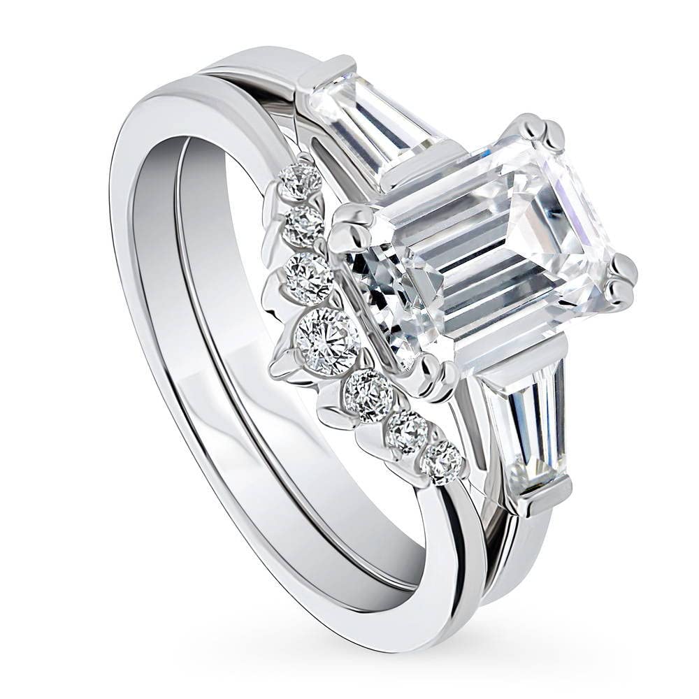 BERRICLE Sterling Silver 3-Stone Wedding Engagement Rings Emerald Cut Cubic Zirconia CZ 7-Stone Ring Set for Women, Rhodium Plated Size 10