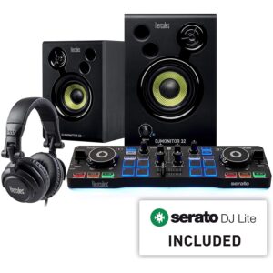 Hercules DJ Starter Kit with DJ Control Starlight, DJMonitor 32, HDP DJ M40.1 Headphones, & Serato DJ Lite + On-Stage Computer Laptop Audio Mixer, Lighting Controller, Midi Controller Stand