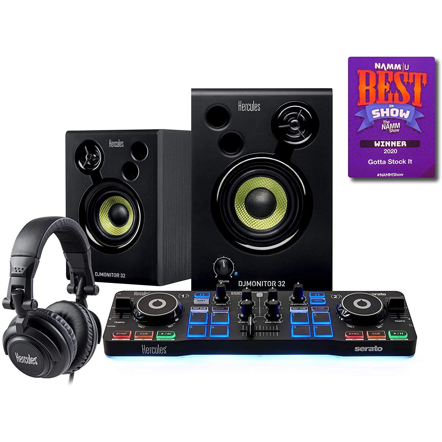 Hercules DJ Starter Kit with DJ Control Starlight, DJMonitor 32, HDP DJ M40.1 Headphones, & Serato DJ Lite + On-Stage Computer Laptop Audio Mixer, Lighting Controller, Midi Controller Stand