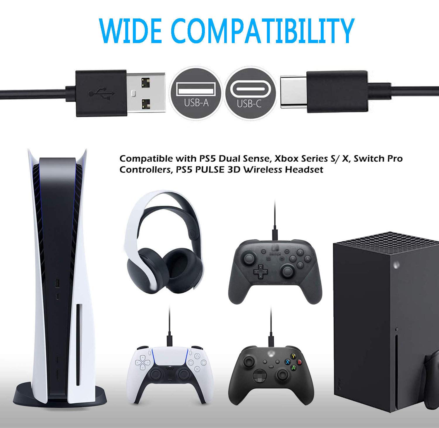 USB Charging Cable Compatible for Xbox Core Controller/Robot White/Carbon Black/Shock Blue, Fast Charging USB Type C Charger Cord Campatible with PS5 Dual Sense Controllers