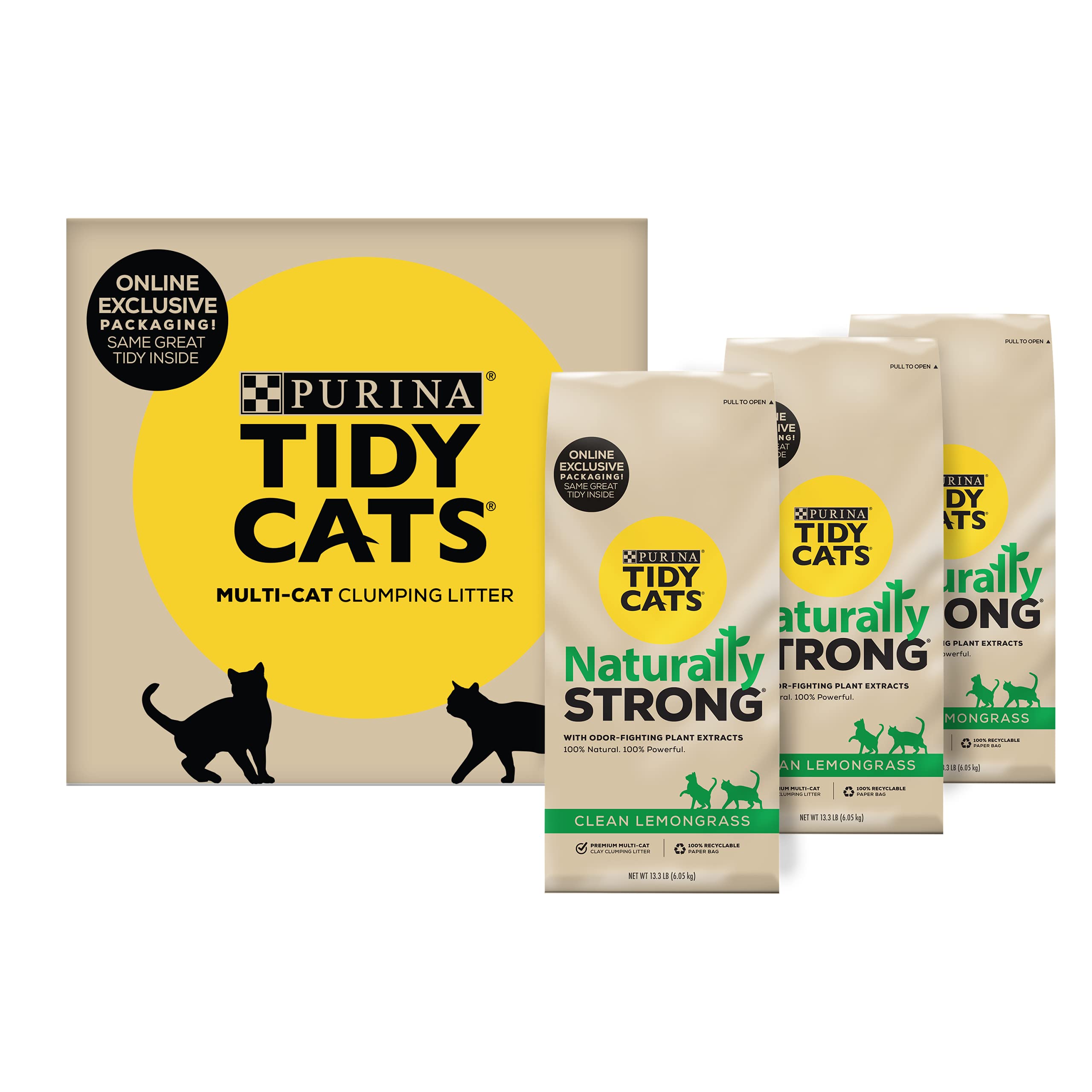 Tidy Cats Purina Natural Cat Litter, Naturally Strong Clean Lemongrass Scent Clay Cat Litter, Recyclable Box - (3) 13.33 lb. Bags