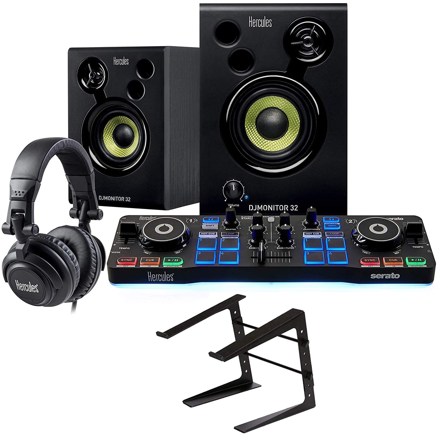 Hercules DJ Starter Kit with DJ Control Starlight, DJMonitor 32, HDP DJ M40.1 Headphones, & Serato DJ Lite + On-Stage Computer Laptop Audio Mixer, Lighting Controller, Midi Controller Stand