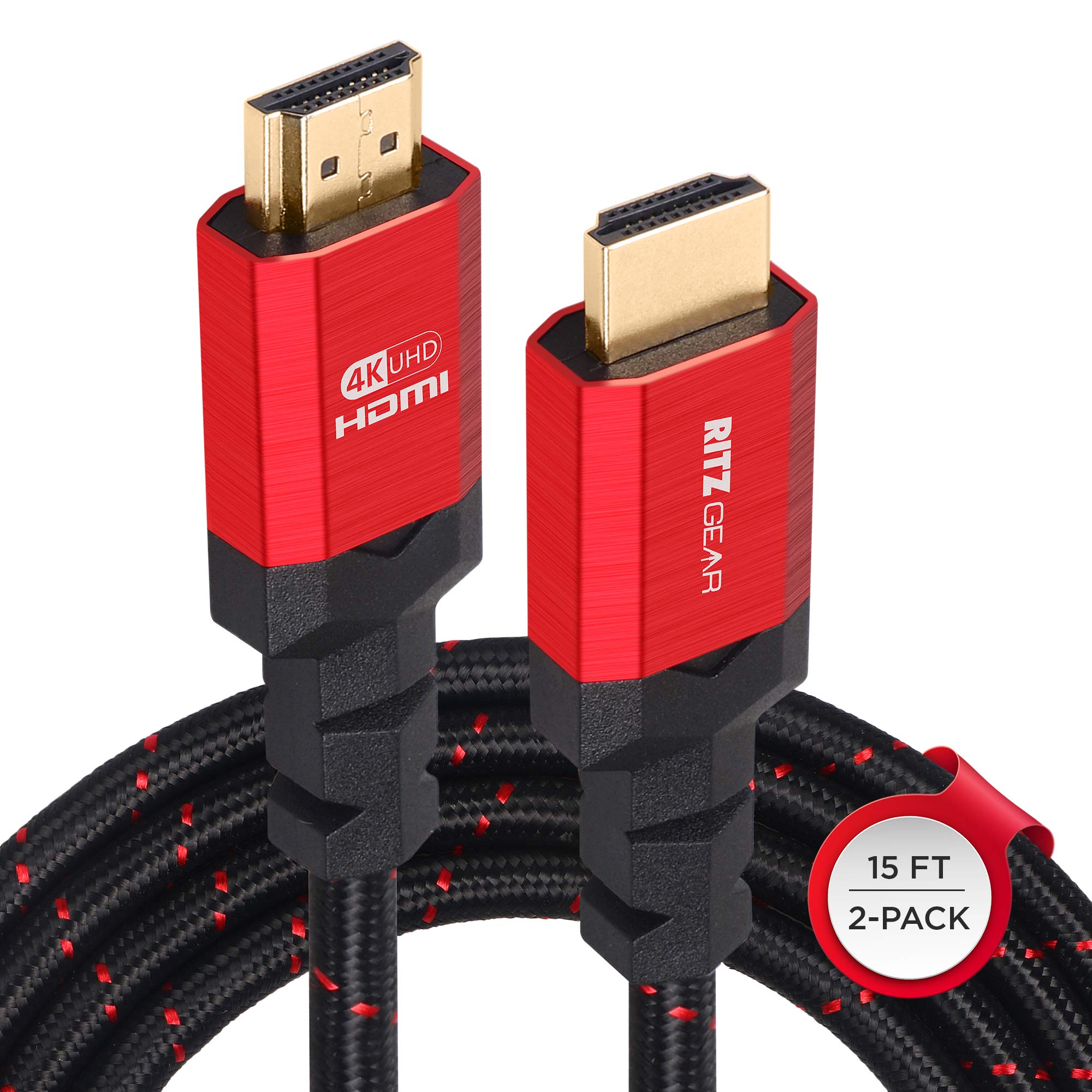 Ritz Gear 4K HDMI 2.0 Cable 15 ft. [2 Pack] 18 Gbps Ultra High Speed Braided Nylon Cord & Gold Connectors - 4K@60Hz/UHD/3D/2160p/1080p/ARC & Ethernet. Compatible with UHD TV/Monitor/PC/PS5/Xbox