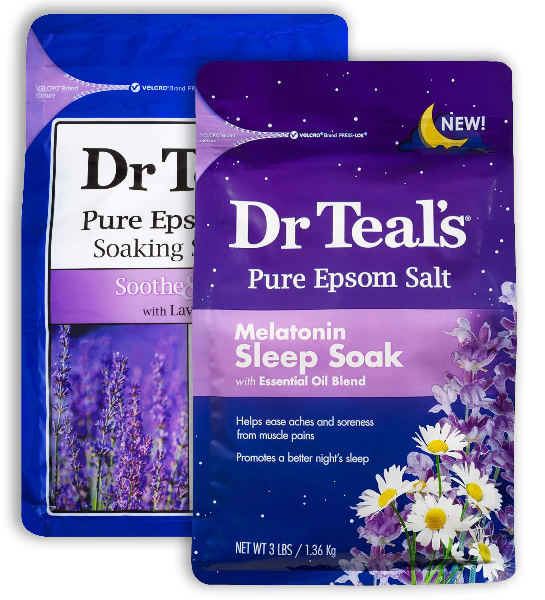 Dr Teal's Lavender & Melatonin Bath Soak Variety Gift Set (2 Pack, 3lb Ea.) - Soothe & Sleep Lavender, Melatonin Sleep Soak - Essential Oils Blended with Epsom Salt Ease Pain & Promote Better Sleep