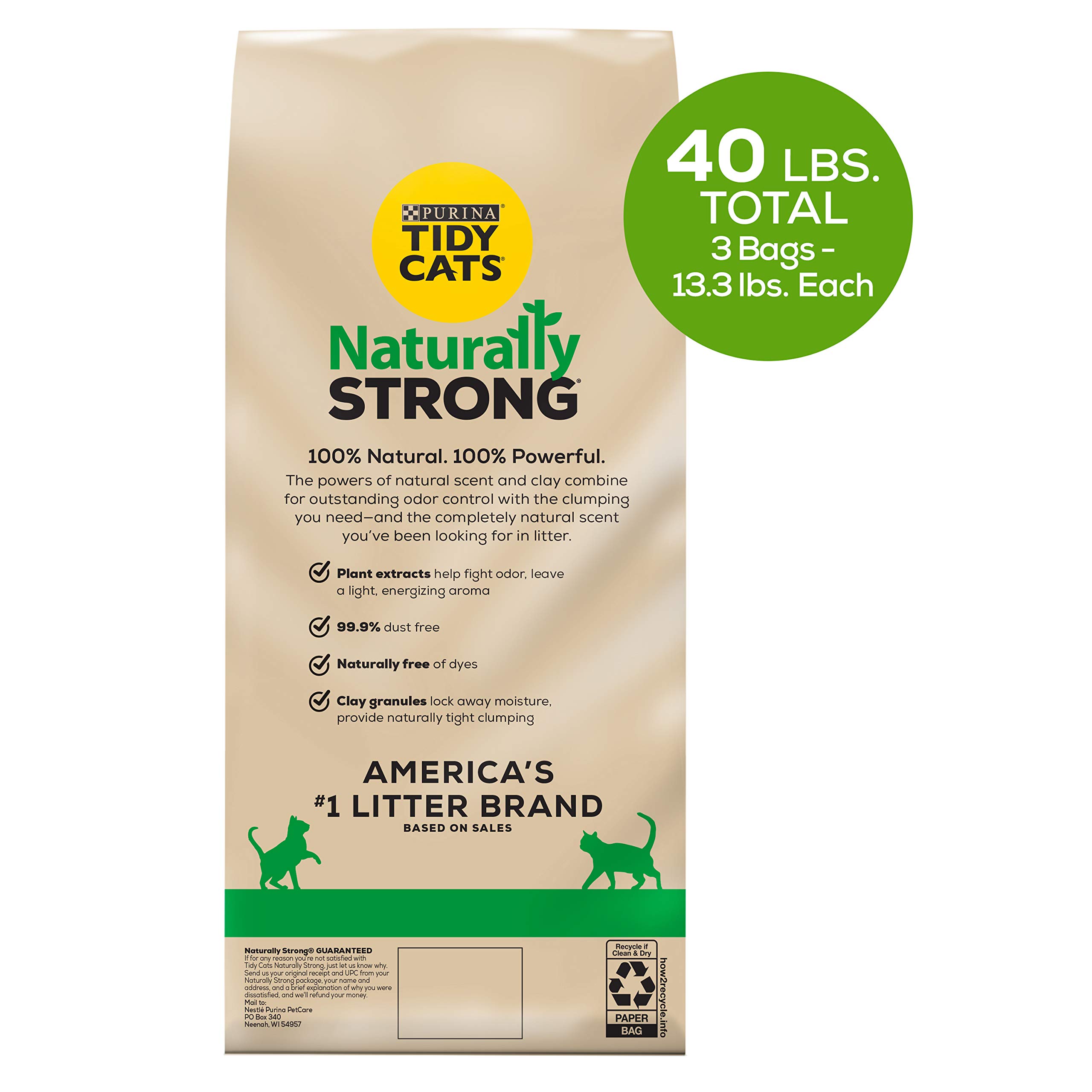 Tidy Cats Purina Natural Cat Litter, Naturally Strong Clean Lemongrass Scent Clay Cat Litter, Recyclable Box - (3) 13.33 lb. Bags