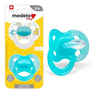 medela baby pacifier | 0-6 months | bpa-free | lightweight & orthodontic | 2-pack | turquoise blue and white with baby animals