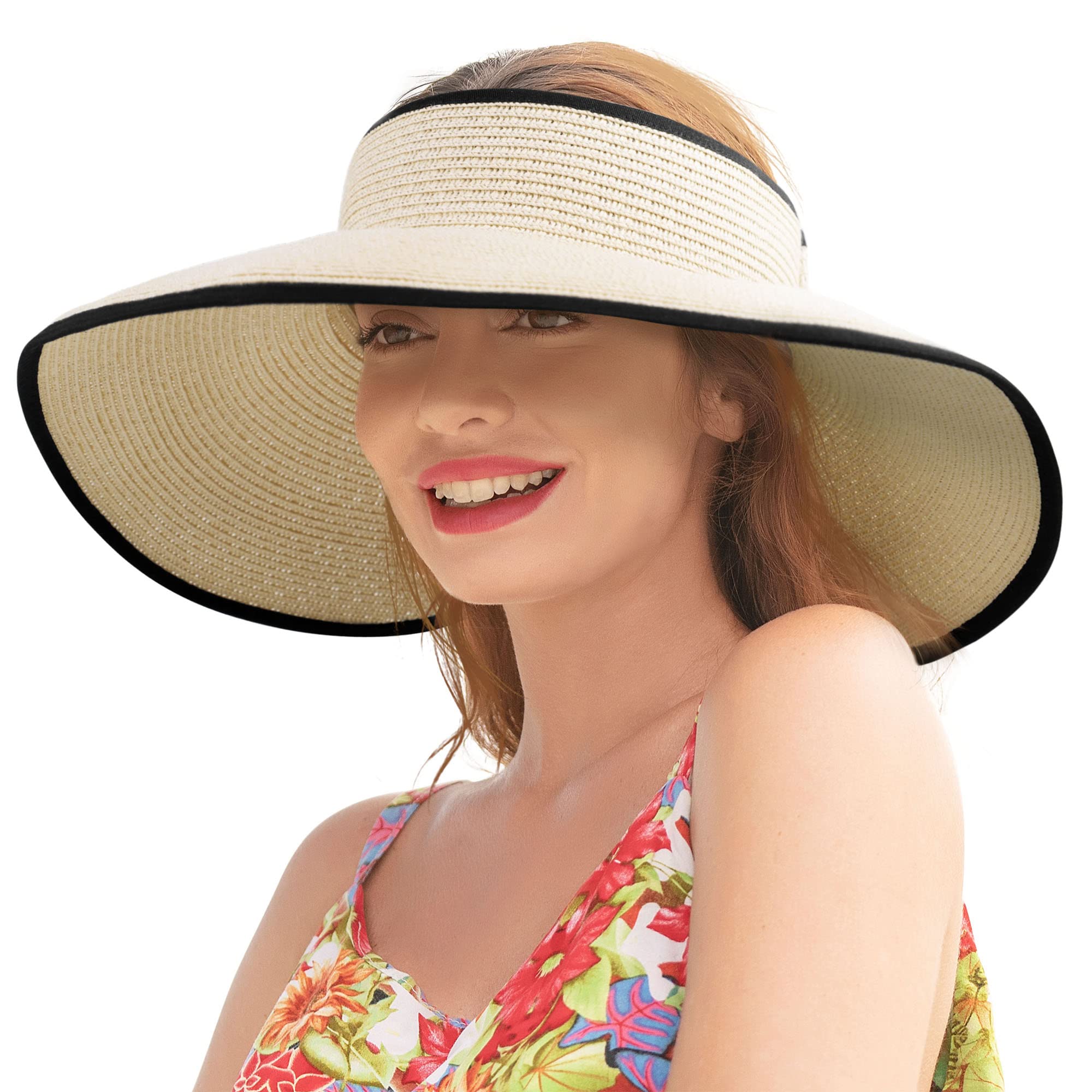 Sun Visors for Women Wide Brim Straw Hat Women Beach Visor Hats for Women Uv Protection Foldable Sun Hat Women Beach Hat, Off White