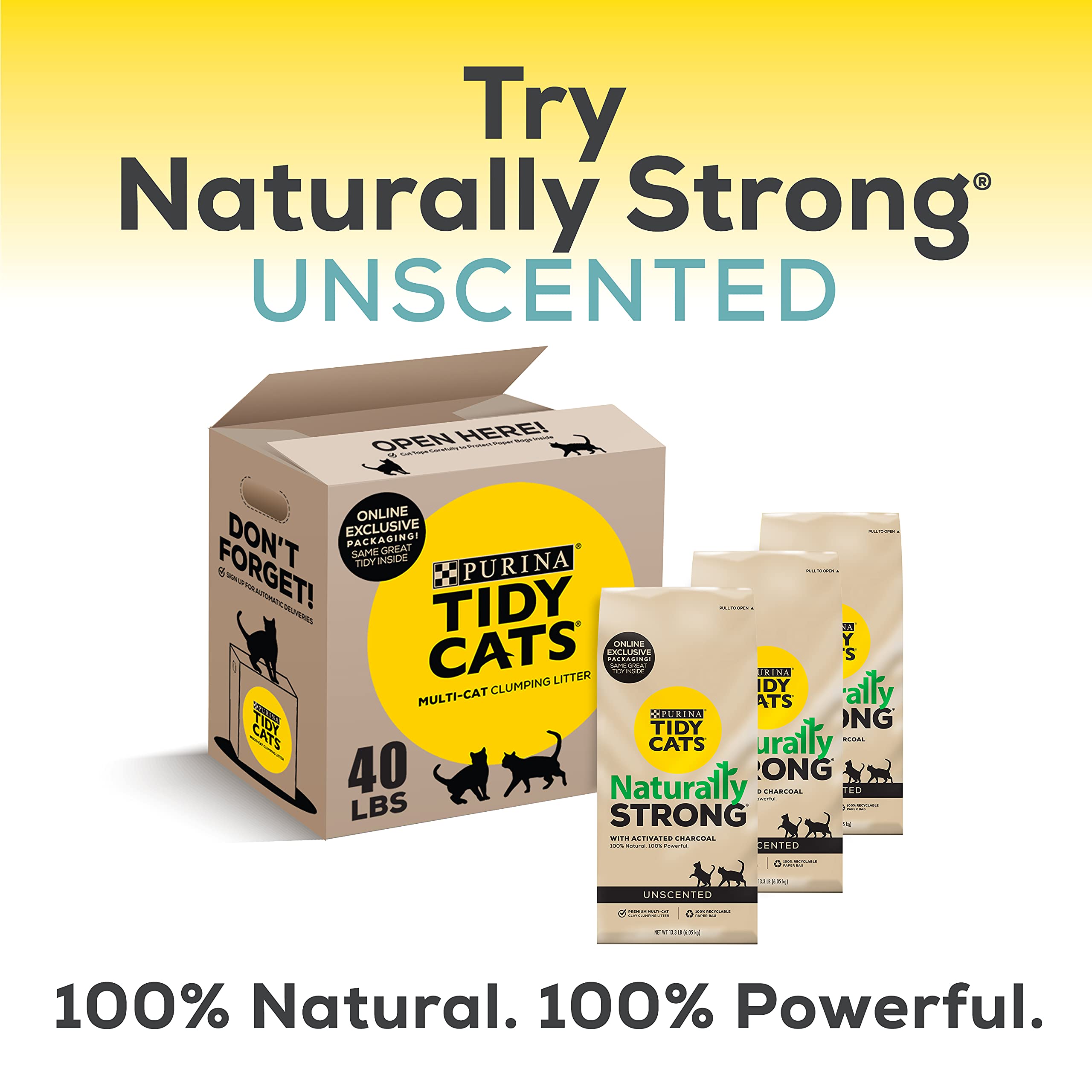 Tidy Cats Purina Natural Cat Litter, Naturally Strong Clean Lemongrass Scent Clay Cat Litter, Recyclable Box - (3) 13.33 lb. Bags