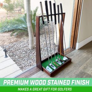 GoSports Premium Wooden Golf Putter Stand - Indoor Display Rack, Holds 6 Clubs - Black, Natural, Brown, White