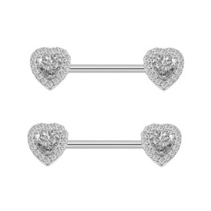 14g dainty cz love heart nipple rings tongue ring surgical steel nipple rings piercing women barbells 2pcs 25/8"(16mm) (silver)