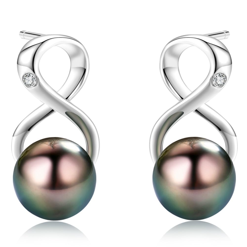 CHAULRI Infinity Earrings AAA Top Grade Genuine Tahitian Black Pearl 8-9mm 18K Gold Plated 925 Sterling Silver – Birthday Anniversary Jewelry Gifts for Women (18K White Gold)