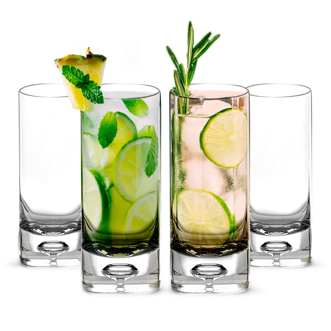 LEMONSODA Crystal Bubble Base Collins Glass Highball Tumbler - Set of 4-12OZ - Heavy Weighted Bottom - Unique Design Great for Water, Juice, Beer, Cocktails, and More