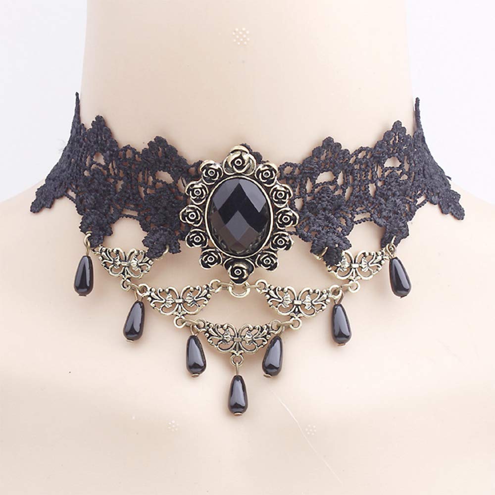 Dumcondy Halloween Elegant Sexy Women Girl Retro Gothic Punk Style Necklace Black Lace Neck Chain Collar Statement Choker Victorian Steampunk Jewelry Party Wedding Princess,5 Pieces/Set