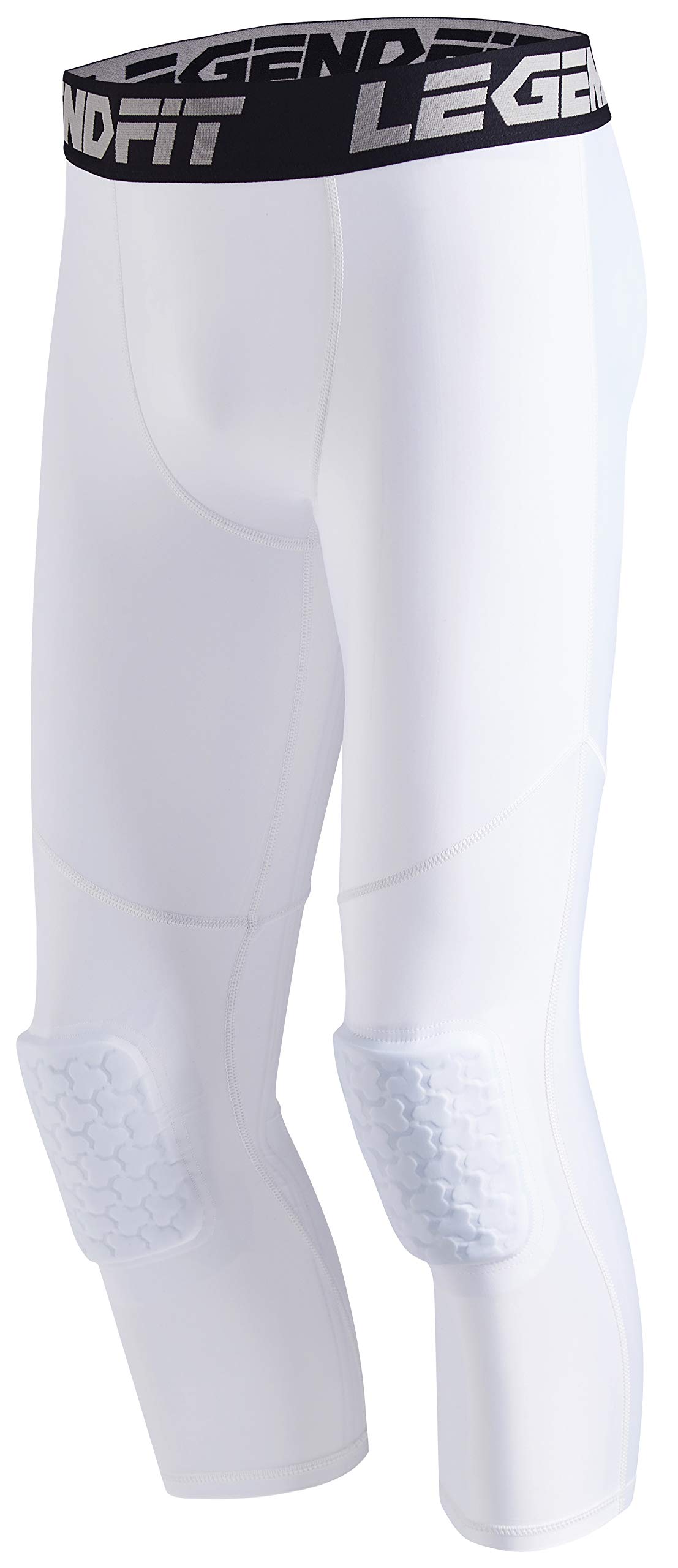 Legendfit Adults' Compression Pants with Knee Pads Basketball 3/4 Capri Men Women Padded Tights Leggings Protector White