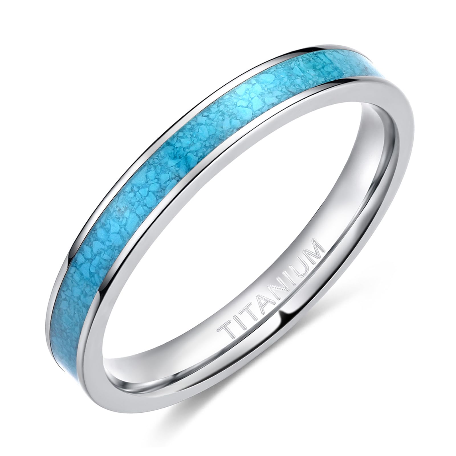 TIGRADE 3MM Titanium Ring Blue Turquoise Engagement Wedding Band for Woman Size 3-13, Silver, Size 7.5