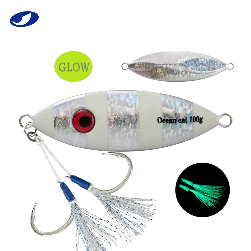 OCEAN CAT 1 PC Lead Metal Flat Slow Fall Pitch Fishing Jigs Lures Sinking Vertical Jigging Bait with Butterfly Hook for Saltwater Fishing (Silver, 100g)