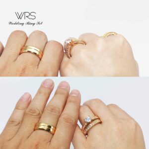 TWO RINGS His Hers Wedding Ring Sets Couples Rings Women's 10k Yellow Gold Plated White heart CZ Wedding Engagement Ring Bridal Sets & Men's Titanium Wedding Band