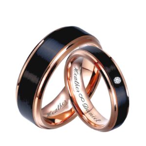 personalized rose gold & brushed black gunmetal tungsten ring set custom engraved free - couple's ring set - wedding band set - ships from usa