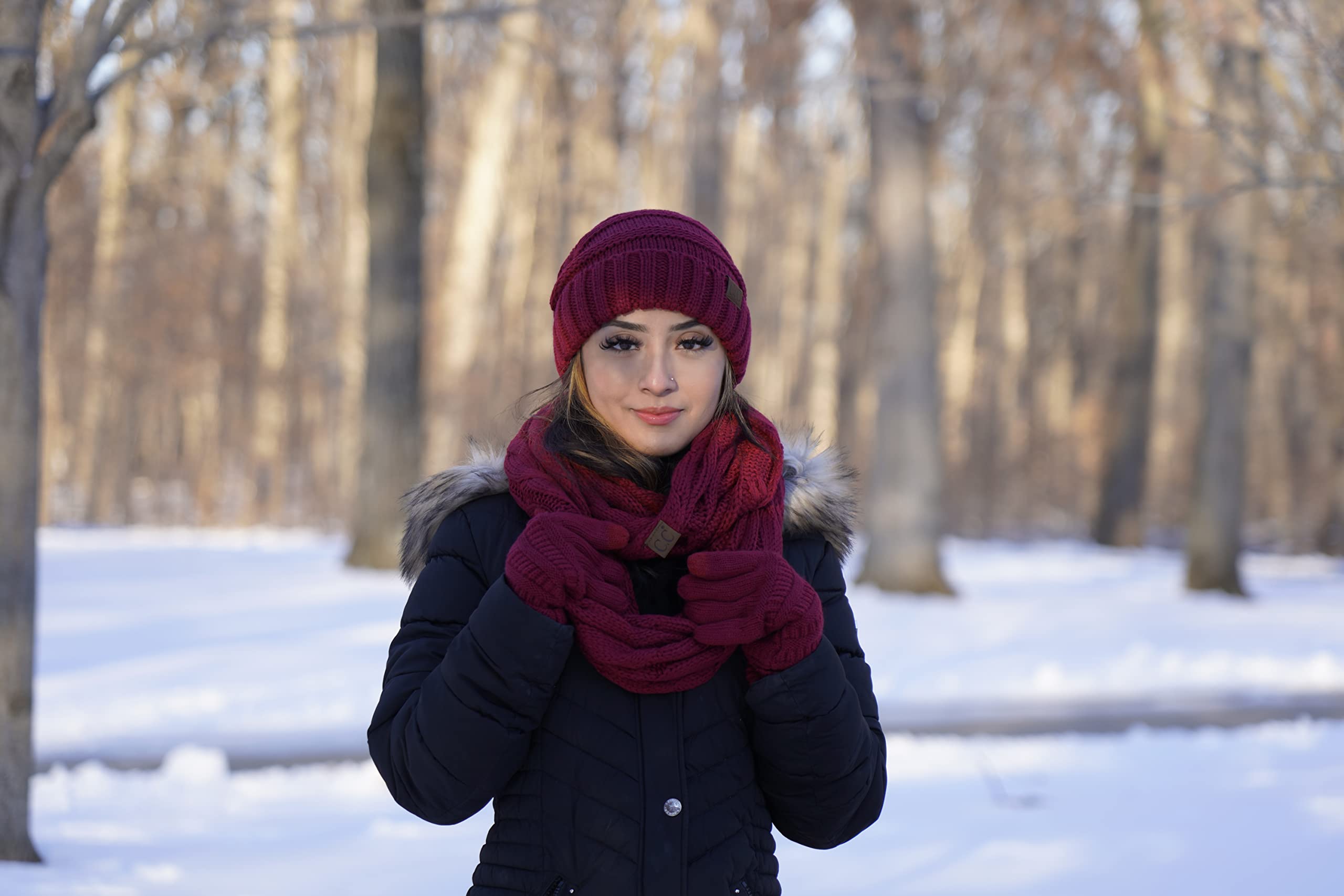 Funky Junque Oversized Beanie, Glove, & Scarf Bundle: Violet