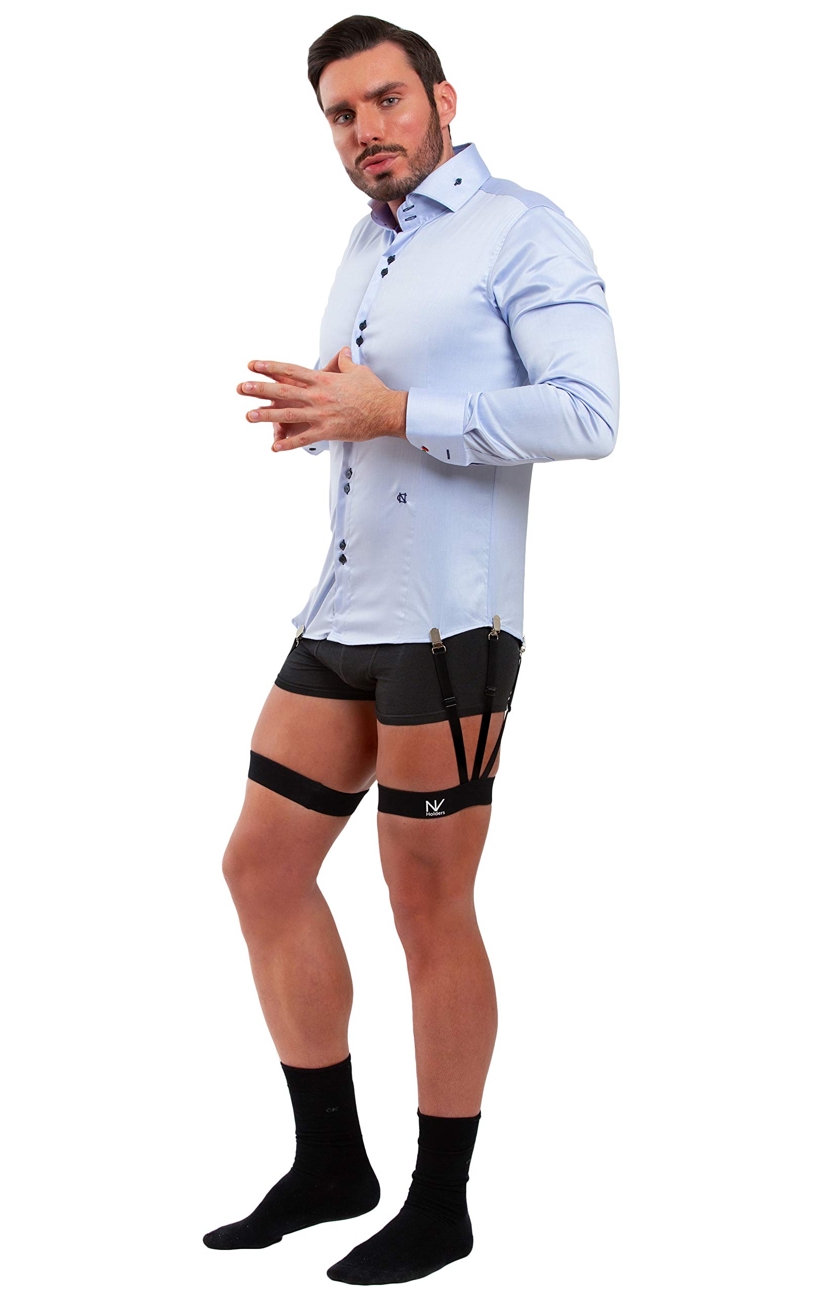 NV Holders Improved 2.0, with improved clasps; premium shirt stays, shirt holders, shirt garters, shirt tuckers for men (Black, Medium (21.5-23.5 inches on thigh's thickest part))