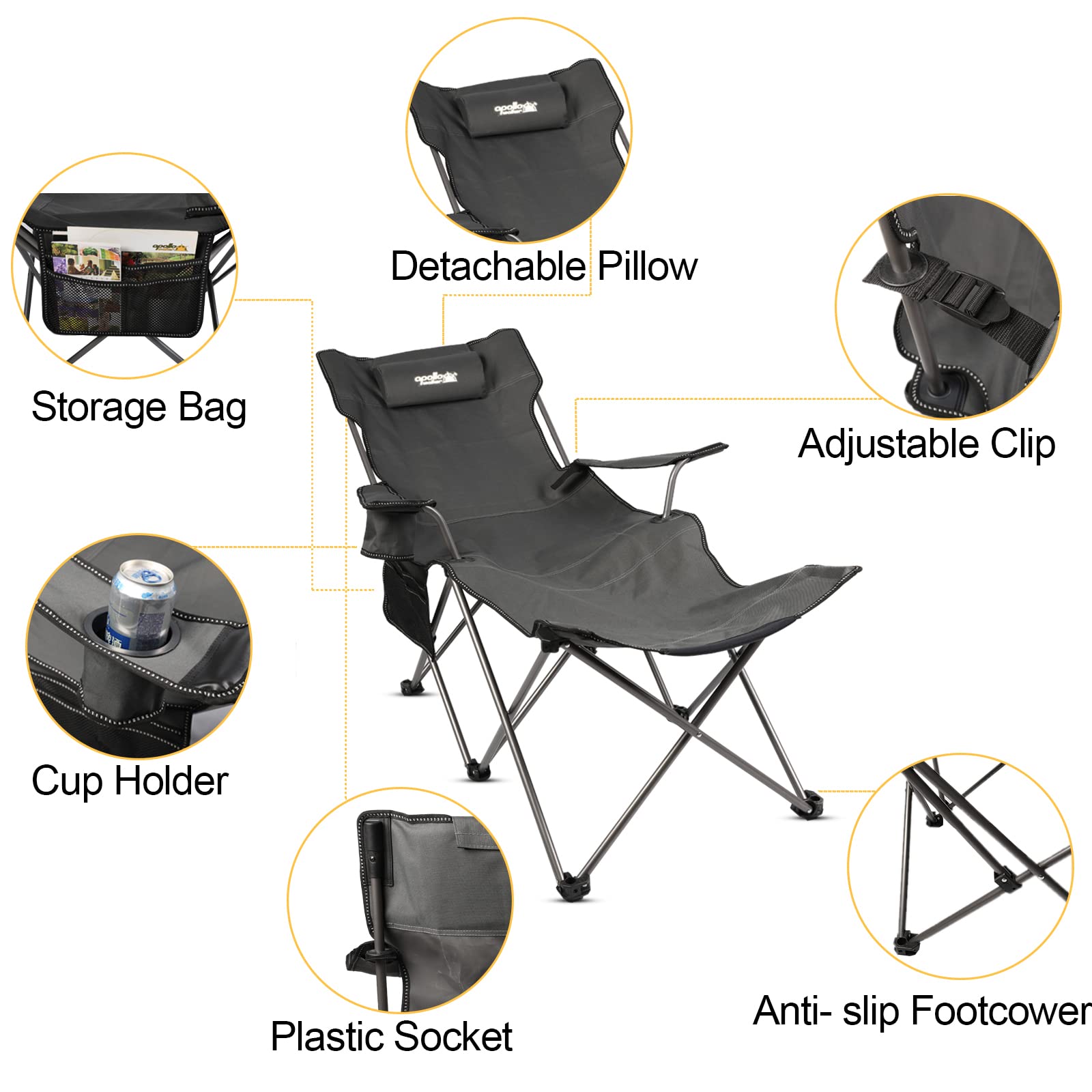 apollo walker Folding Camping Chairs Reclining Beach Chairs for Adults Portable Sun Chairs Outdoor Lounger with Carry Bag,for Fishing,Camp,Picnics