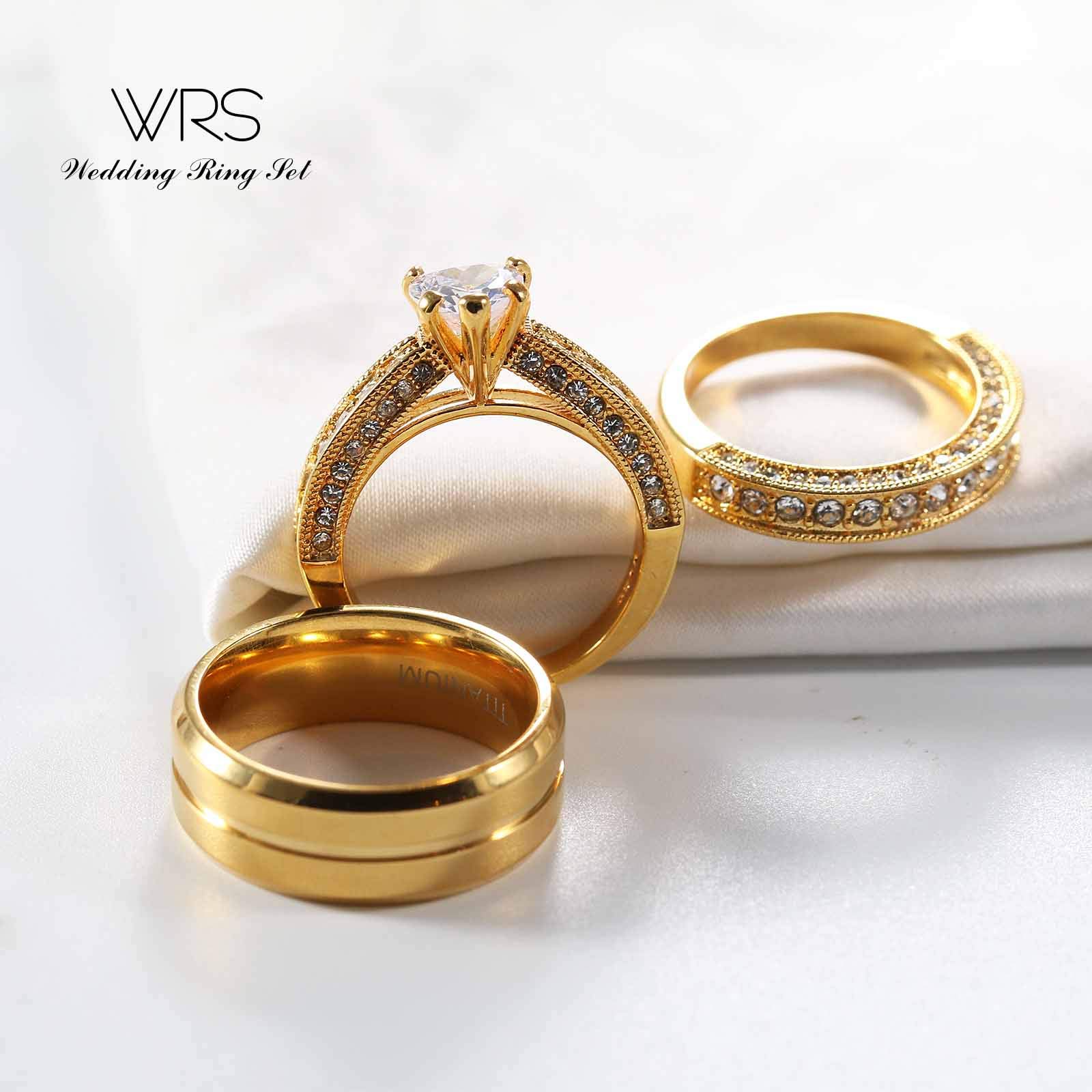 TWO RINGS His Hers Wedding Ring Sets Couples Rings Women's 10k Yellow Gold Plated White heart CZ Wedding Engagement Ring Bridal Sets & Men's Titanium Wedding Band