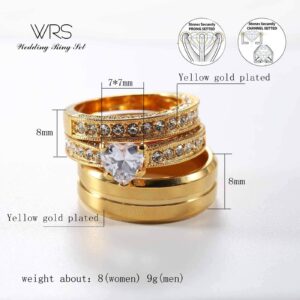 TWO RINGS His Hers Wedding Ring Sets Couples Rings Women's 10k Yellow Gold Plated White heart CZ Wedding Engagement Ring Bridal Sets & Men's Titanium Wedding Band