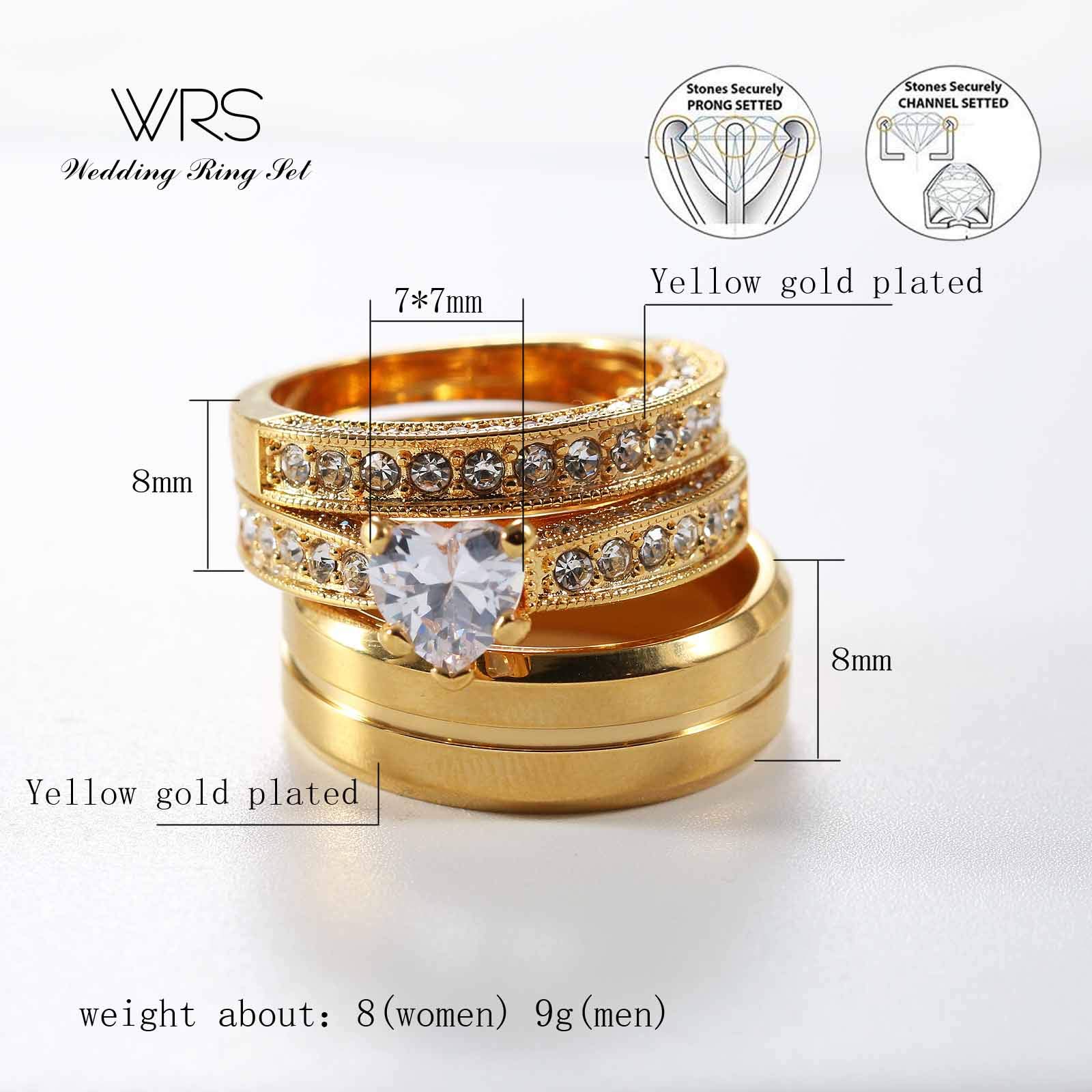 TWO RINGS His Hers Wedding Ring Sets Couples Rings Women's 10k Yellow Gold Plated White heart CZ Wedding Engagement Ring Bridal Sets & Men's Titanium Wedding Band