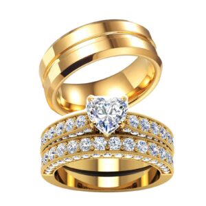 two rings his hers wedding ring sets couples rings women's 10k yellow gold plated white heart cz wedding engagement ring bridal sets & men's titanium wedding band