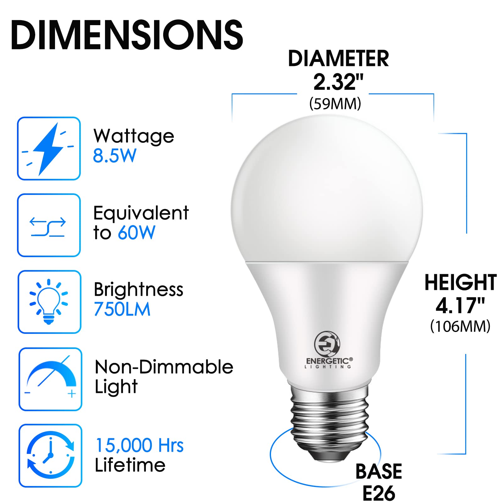 Energetic A19 LED Bulb 60W Equivalent, 3000K Warm White LED Light Bulbs, E26 Standard Base, 750LM, Non-Dimmable, UL Listed, 12 Pack