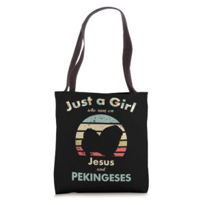 just a girl who runs on jesus and pekingeses retro dog tote bag