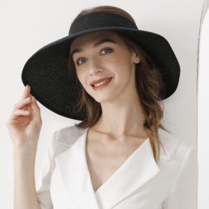 Summer Sun Visor Hats for Women Wide Brim Hat Womens Travel Roll Up Straw Visors Beach Foldable Women, Black