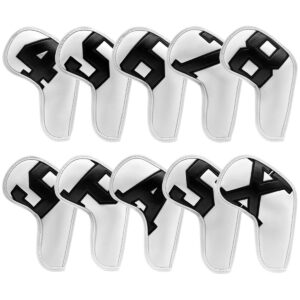 Barudan Golf Iron Club Head Covers set Headcovers for Callaway Ping S5 - Big Colorful Number - Long Neck - Black Pu Leather fits Small Standard Oversized Golf Clubs 10pcs/Pack (White+Black Number)