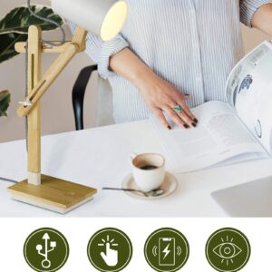 ELYONA Wireless Charging White Desk Lamp, Touch Control Rubber Wood Table Lamp with USB Charging Port, Swing Arm Reading Task Lights for Office, Dorm, Living Room Bedroom, Farmhouse, Bulb Included