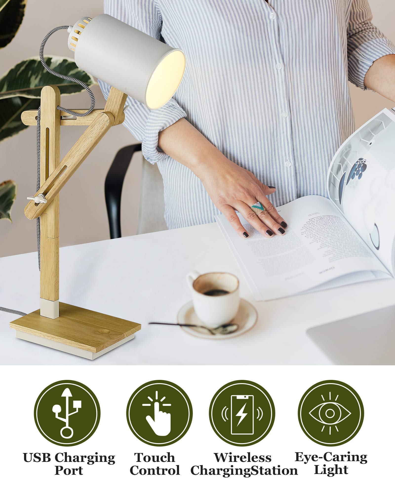 ELYONA Wireless Charging White Desk Lamp, Touch Control Rubber Wood Table Lamp with USB Charging Port, Swing Arm Reading Task Lights for Office, Dorm, Living Room Bedroom, Farmhouse, Bulb Included