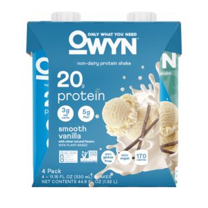 owyn 100% vegan plant-based protein shakes | smooth vanilla, 11.15 fl oz (pack of 4) | dairy-free, gluten-free, soy-free, tree nut-free, egg-free, allergy-free, vegetarian