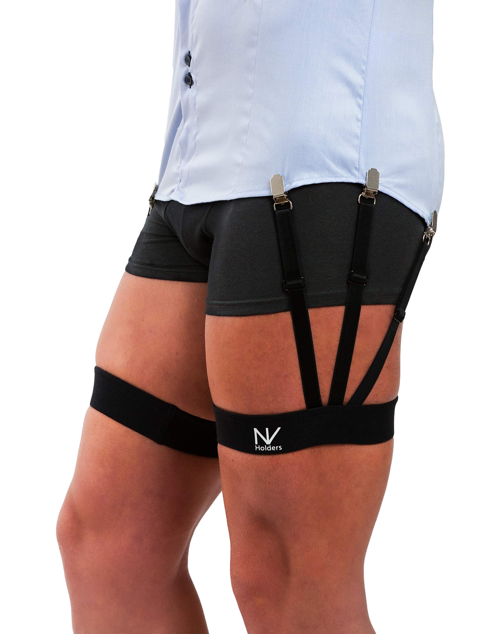 NV Holders Improved 2.0, with improved clasps; premium shirt stays, shirt holders, shirt garters, shirt tuckers for men (Black, Medium (21.5-23.5 inches on thigh's thickest part))