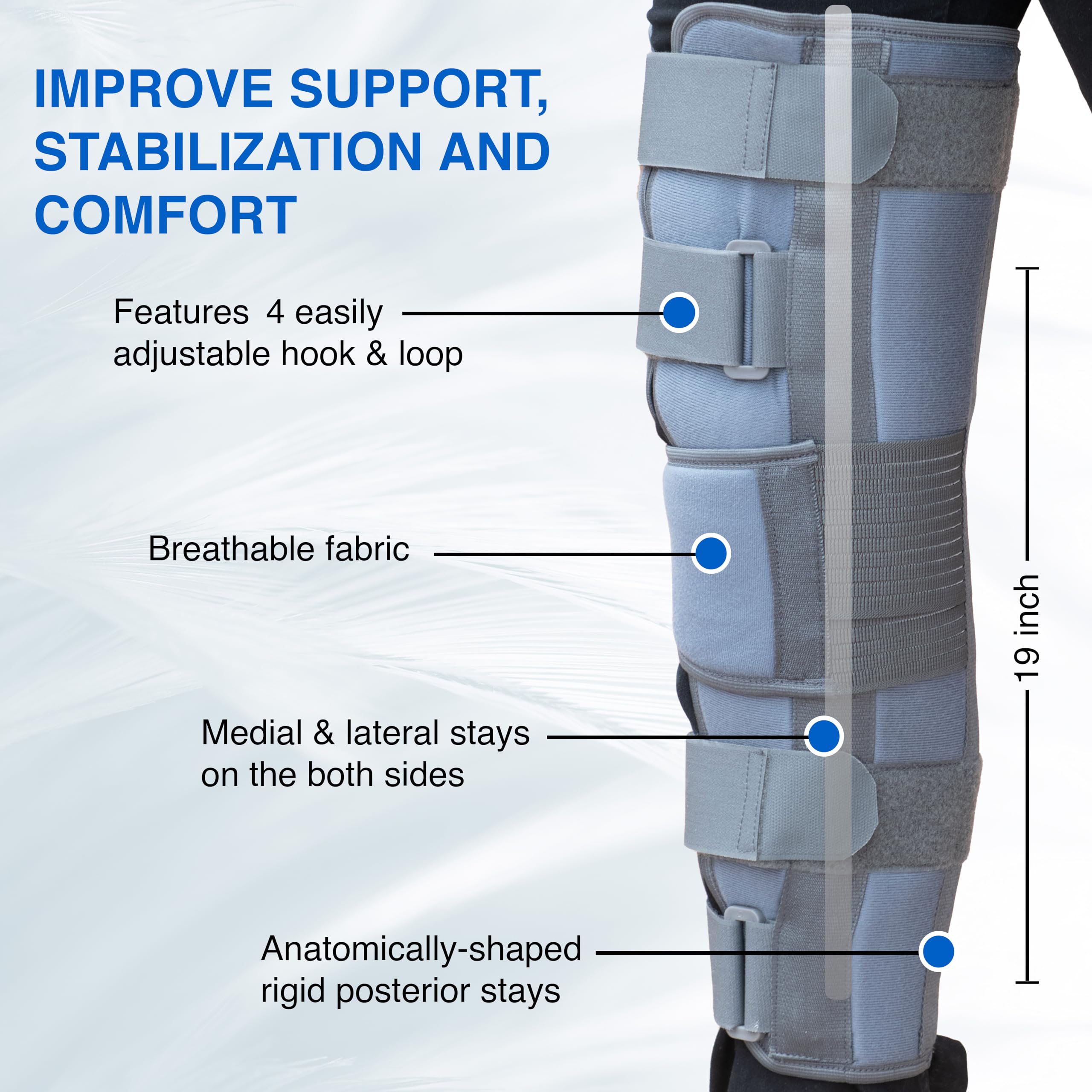 Wonder Care Knee Immobilizer Brace for Knee support for dislocation injuries ligament tear wraparound knee stabilizer splint for men & women (19” long) Grey-Small