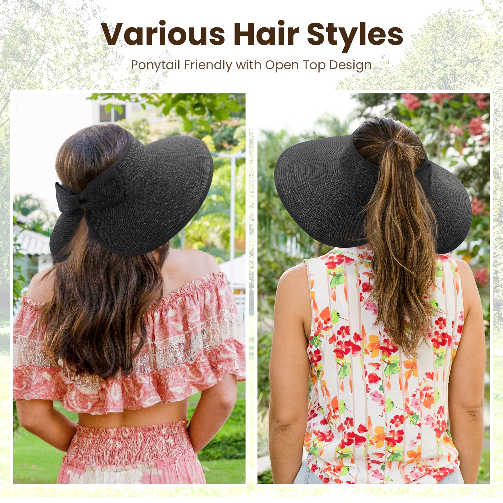 Summer Sun Visor Hats for Women Wide Brim Hat Womens Travel Roll Up Straw Visors Beach Foldable Women, Black