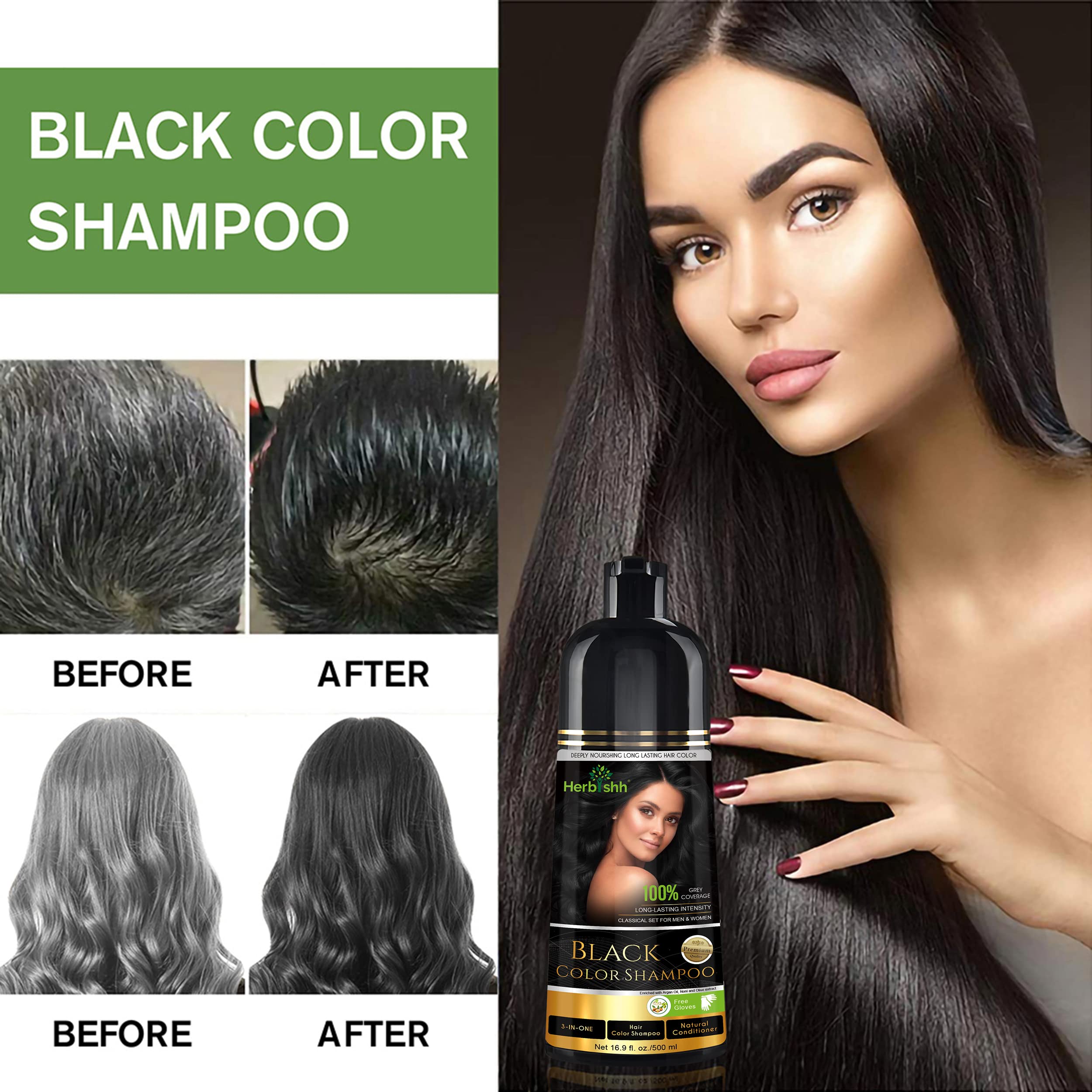 Herbishh Hair Color Shampoo for Gray Hair – Magic Hair Dye Shampoo – Colors Hair in Minutes–Long Lasting–500 Ml–3-In-1 Hair Color–Ammonia-Free (Black)