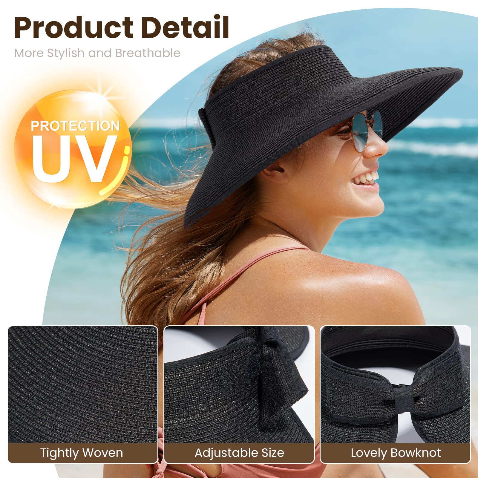 Summer Sun Visor Hats for Women Wide Brim Hat Womens Travel Roll Up Straw Visors Beach Foldable Women, Black