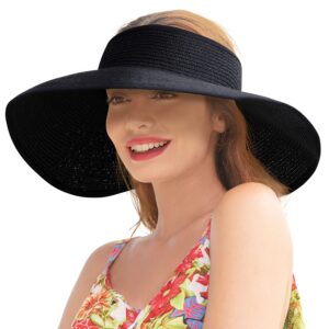 Summer Sun Visor Hats for Women Wide Brim Hat Womens Travel Roll Up Straw Visors Beach Foldable Women, Black