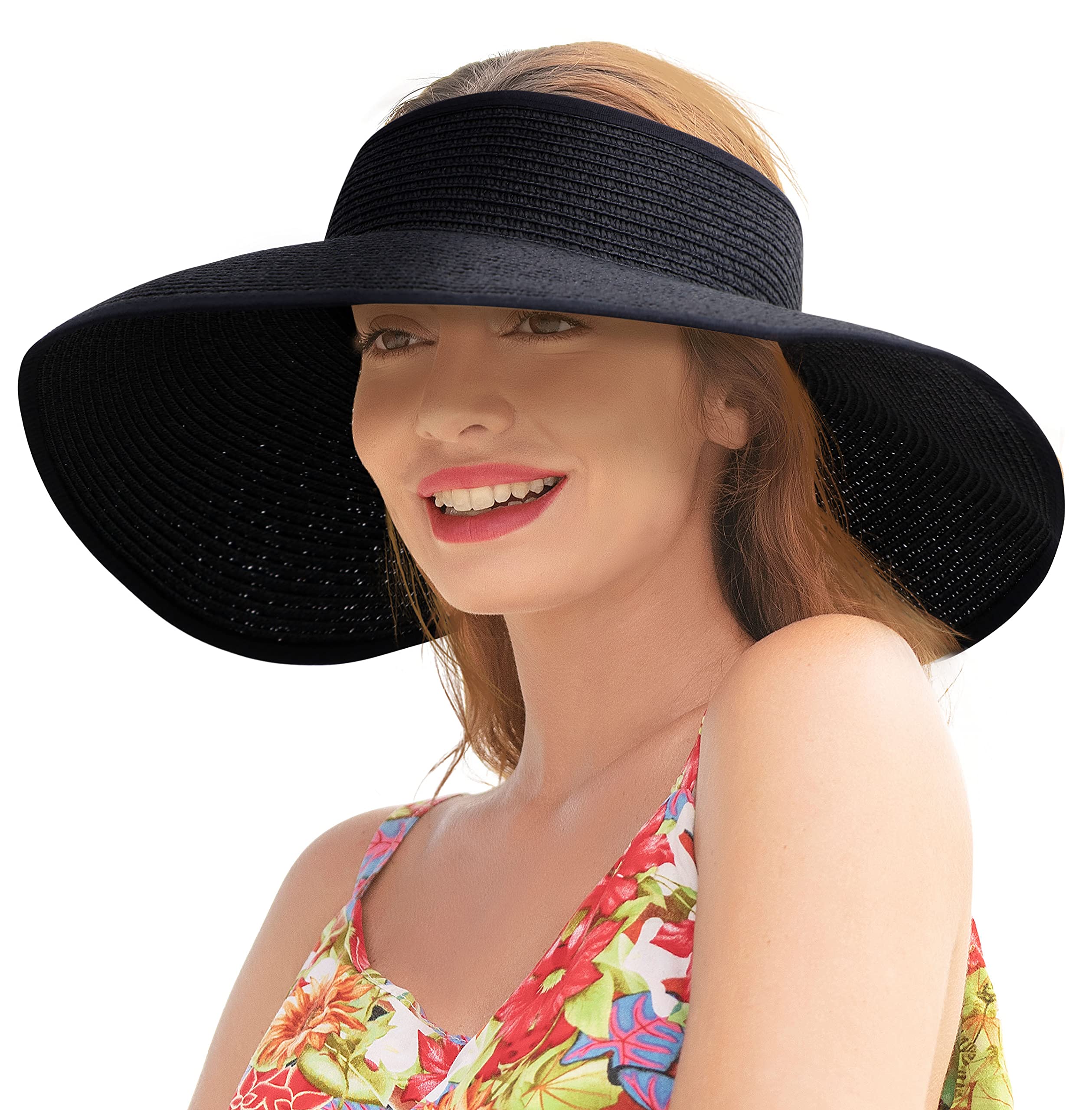 Summer Sun Visor Hats for Women Wide Brim Hat Womens Travel Roll Up Straw Visors Beach Foldable Women, Black