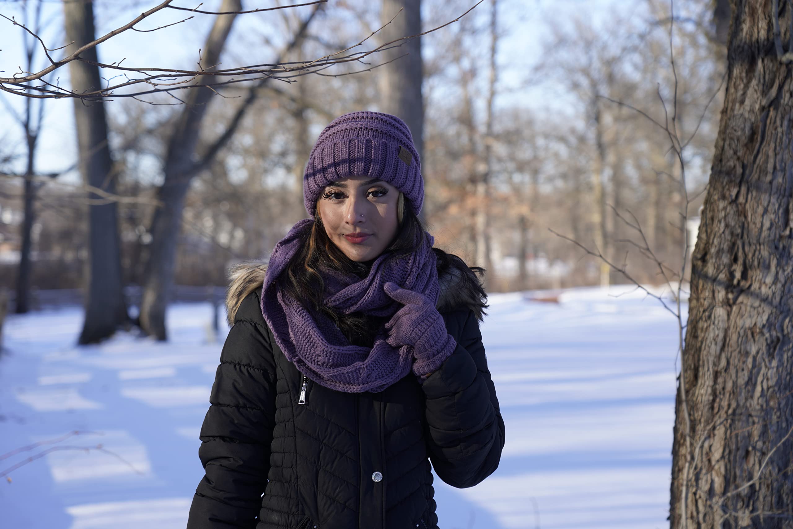 Funky Junque Oversized Beanie, Glove, & Scarf Bundle: Violet