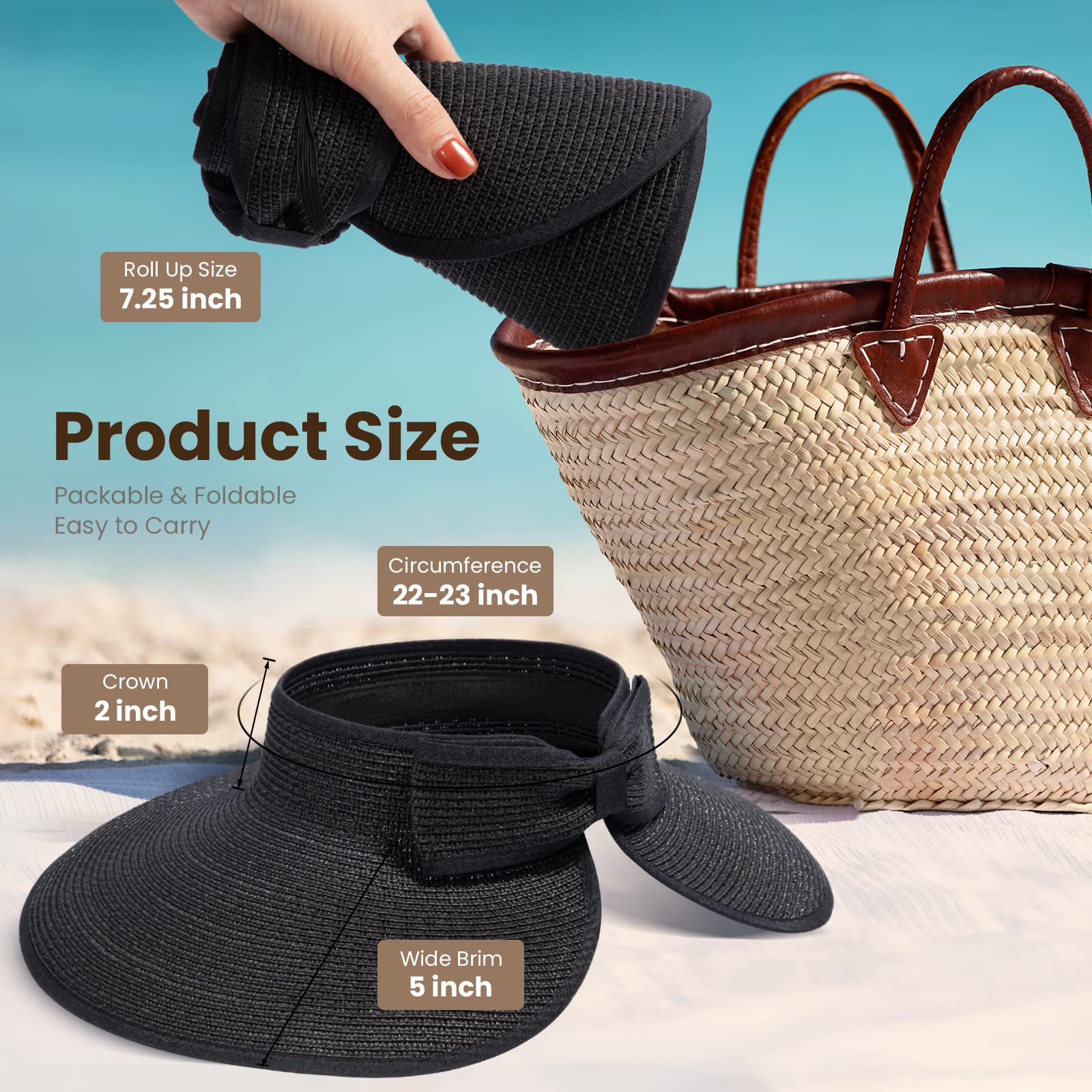 Summer Sun Visor Hats for Women Wide Brim Hat Womens Travel Roll Up Straw Visors Beach Foldable Women, Black