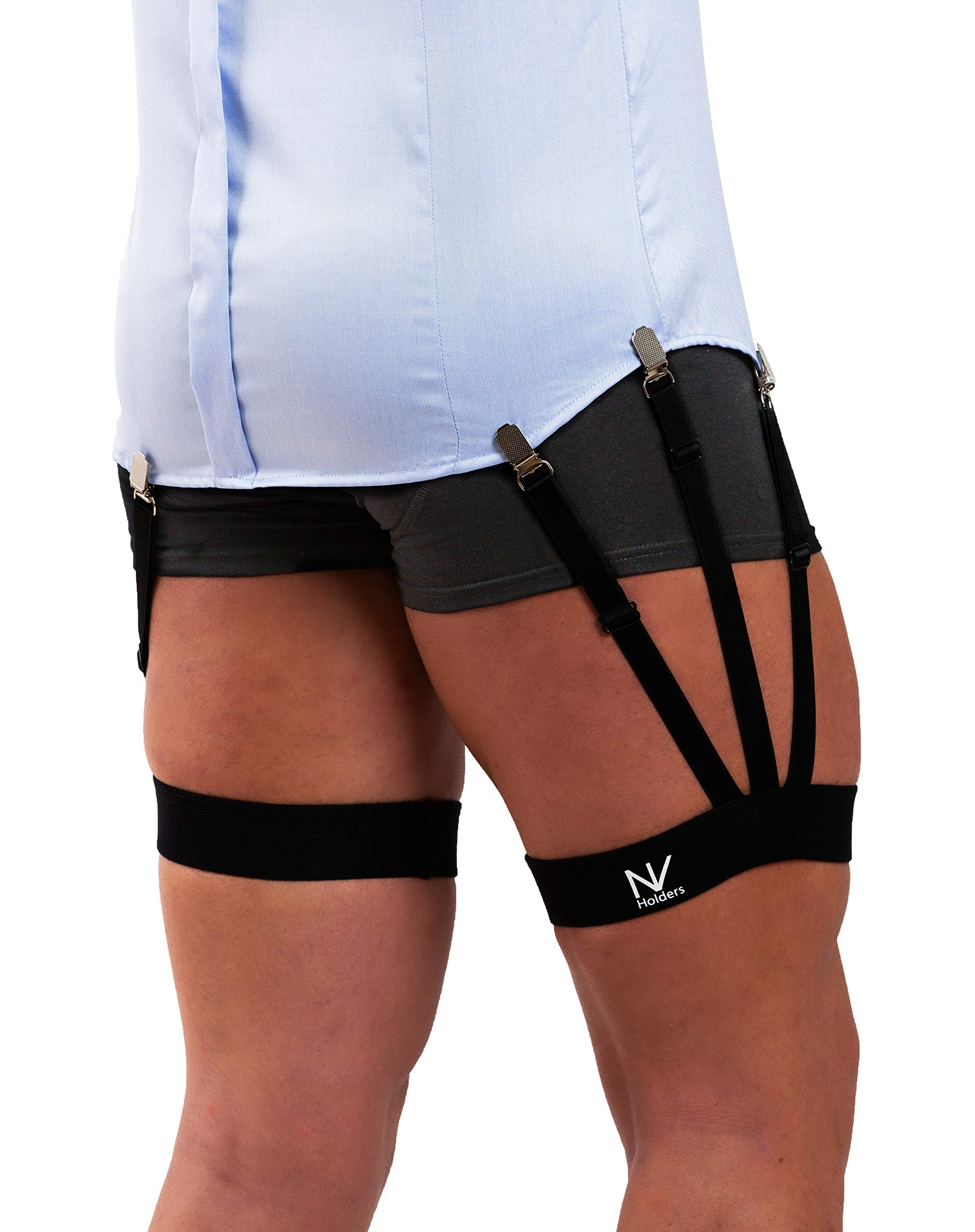 NV Holders Improved 2.0, with improved clasps; premium shirt stays, shirt holders, shirt garters, shirt tuckers for men (Black, Medium (21.5-23.5 inches on thigh's thickest part))