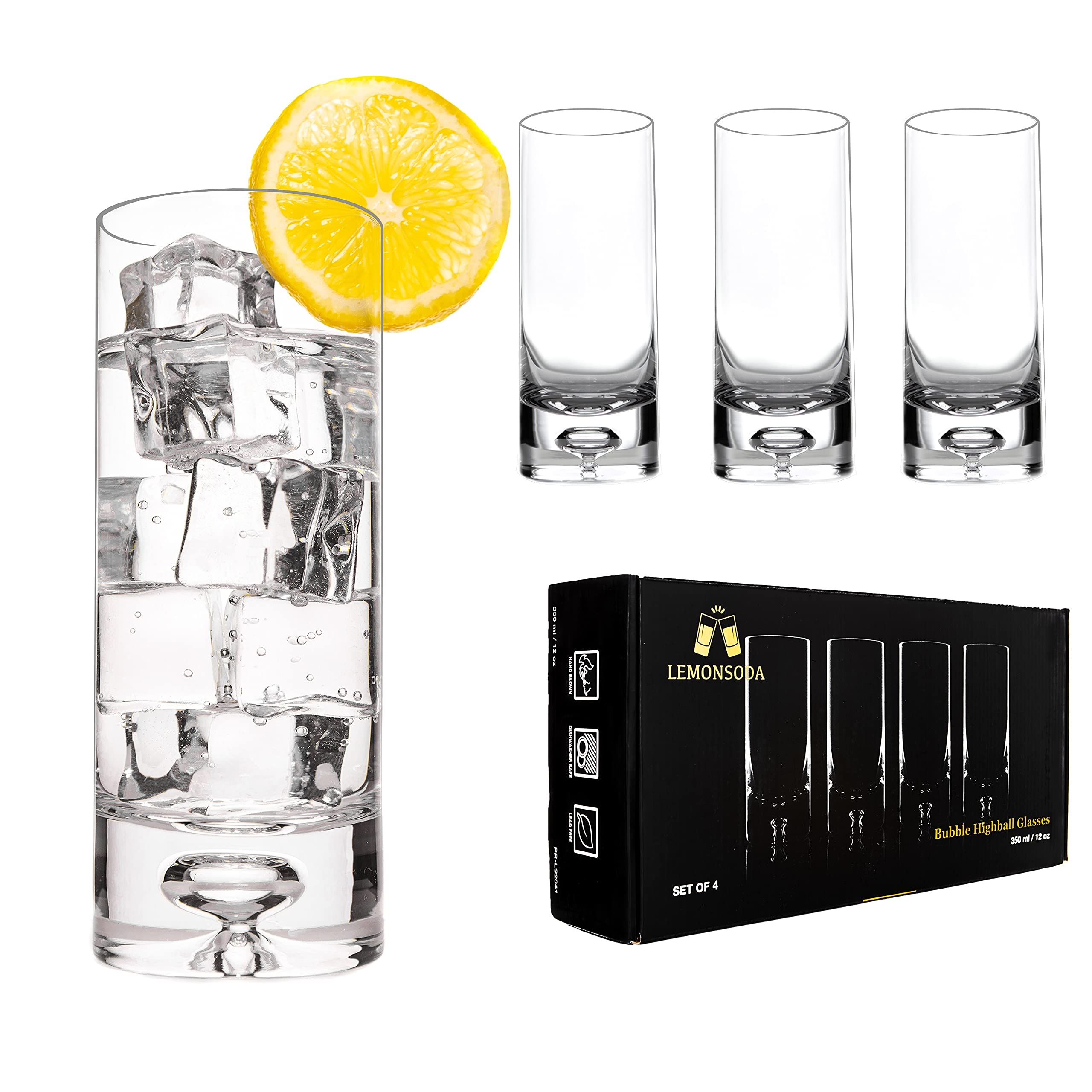 LEMONSODA Crystal Bubble Base Collins Glass Highball Tumbler - Set of 4-12OZ - Heavy Weighted Bottom - Unique Design Great for Water, Juice, Beer, Cocktails, and More